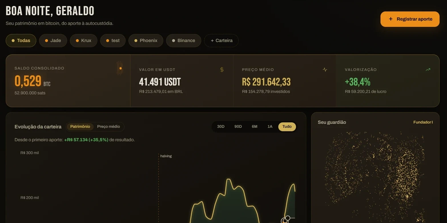 Painel da Bunker Track com saldo, preço médio, valorização e gráfico de evolução da carteira
