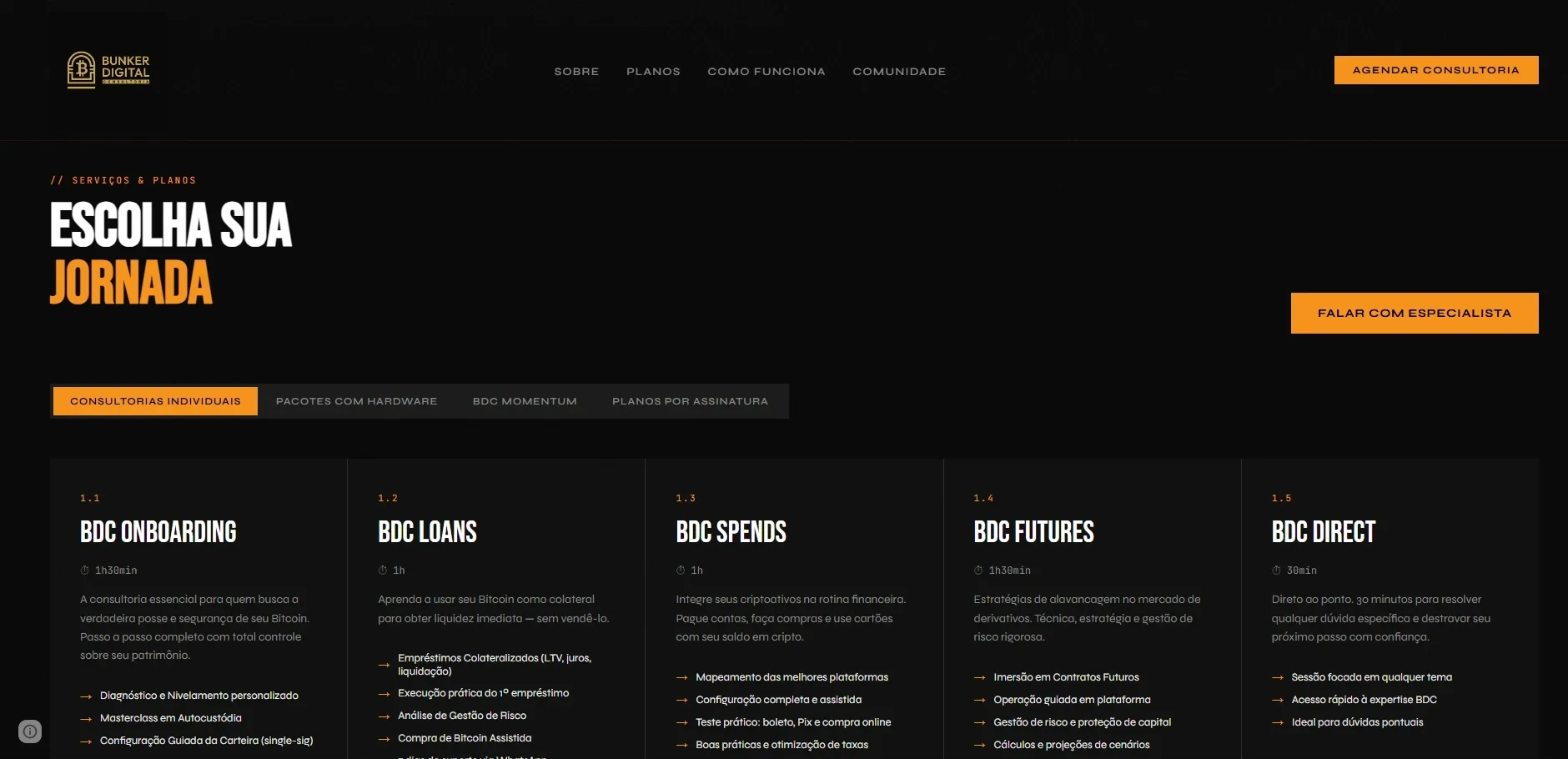 Seção de planos e consultorias da landing page da Bunker Digital Consultoria