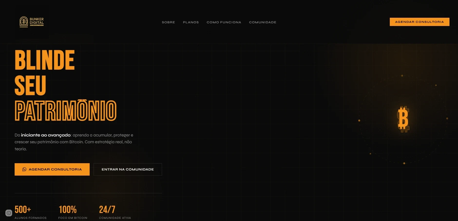 Abertura da landing page da Bunker Digital Consultoria, com a chamada para blindar o patrimônio