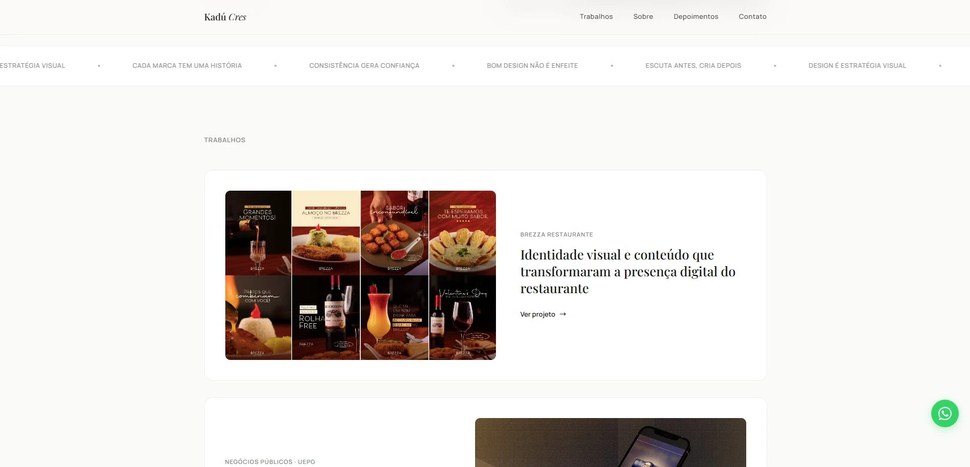 Seção interna do portfólio de Kadu Crescêncio