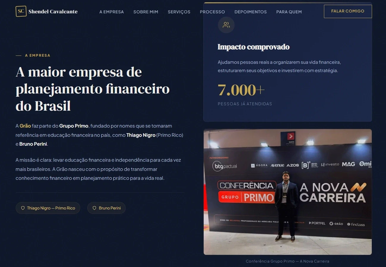 Seção sobre a empresa no site de Shendel Cavalcante, com o número de pessoas atendidas