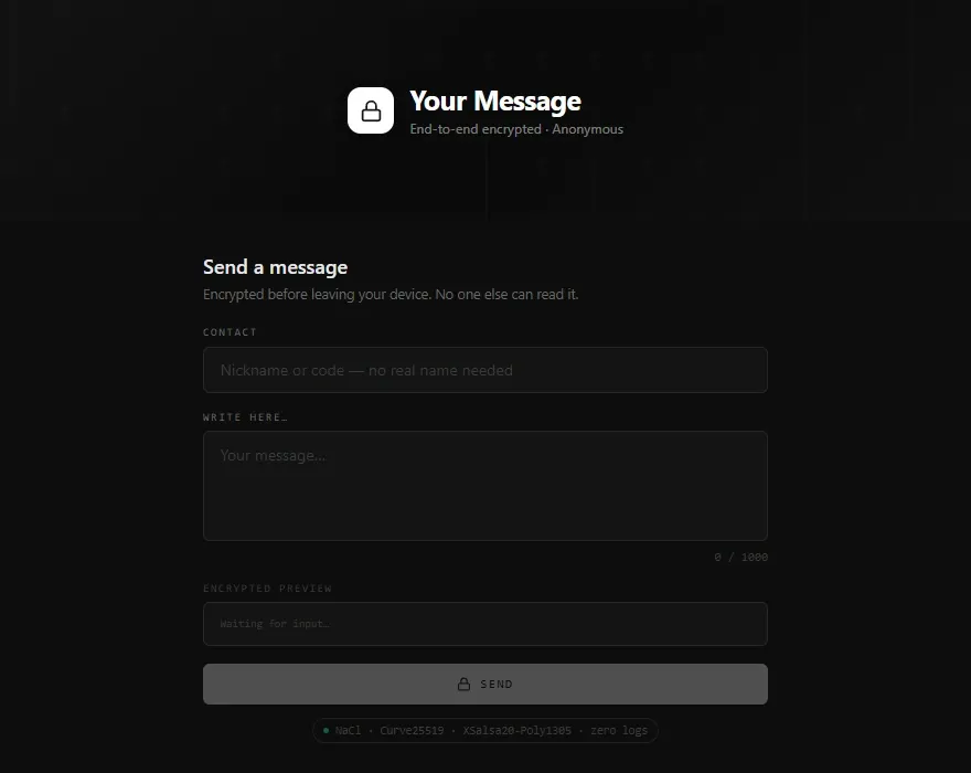 Tela de envio do Your Message, com o campo de mensagem e a prévia cifrada